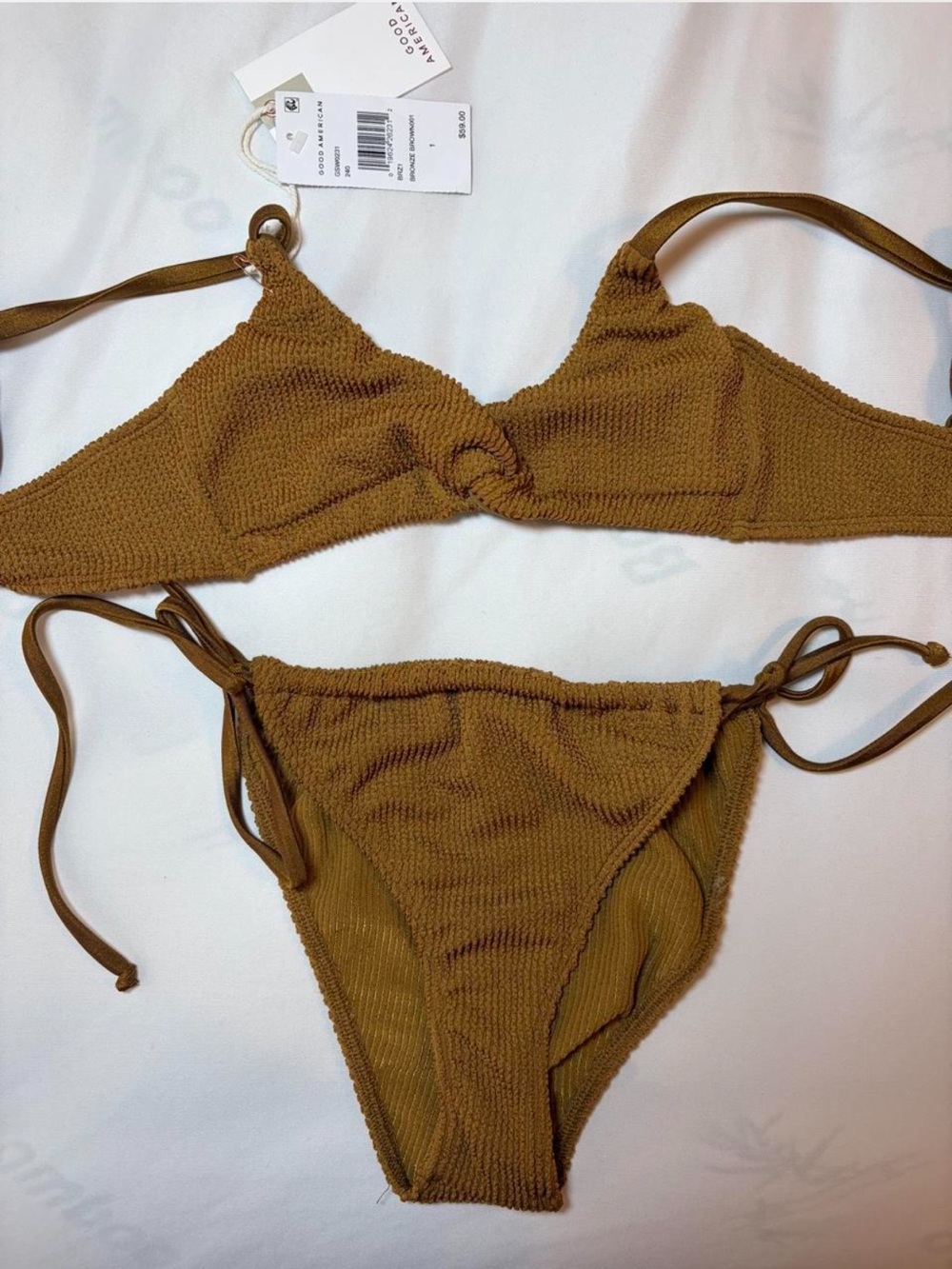 Good American Textured Tie-Side Bikini Bottoms - Warm Brown